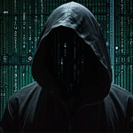 **Mysterious Figure "Dev M"**: A shadowy, enigmatic figure surrounded by digital code and social media icons, suggesting secrecy and online virality. Emphasize a sense of anonymity and intrigue.